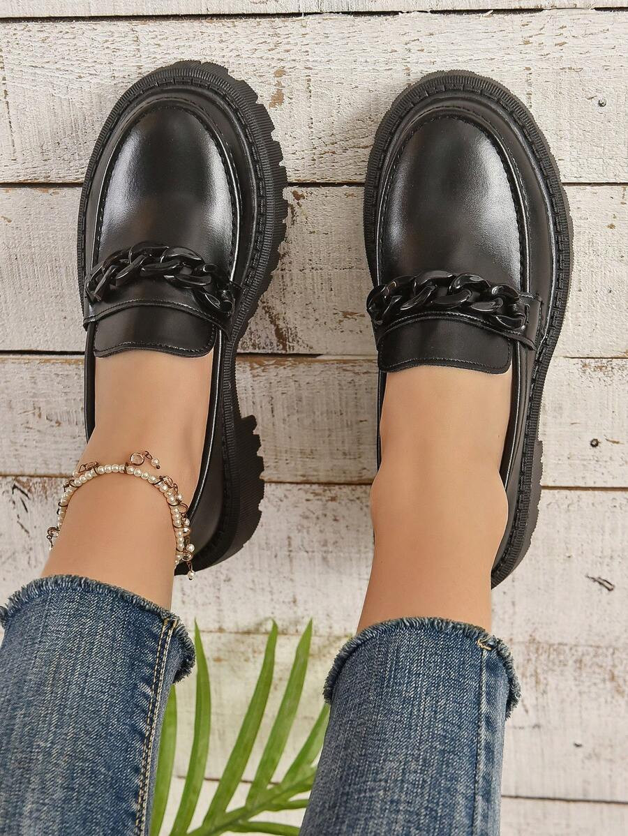 Elegant Black Shoes For Women, Chain Decor Flatform Loafers | SHEIN