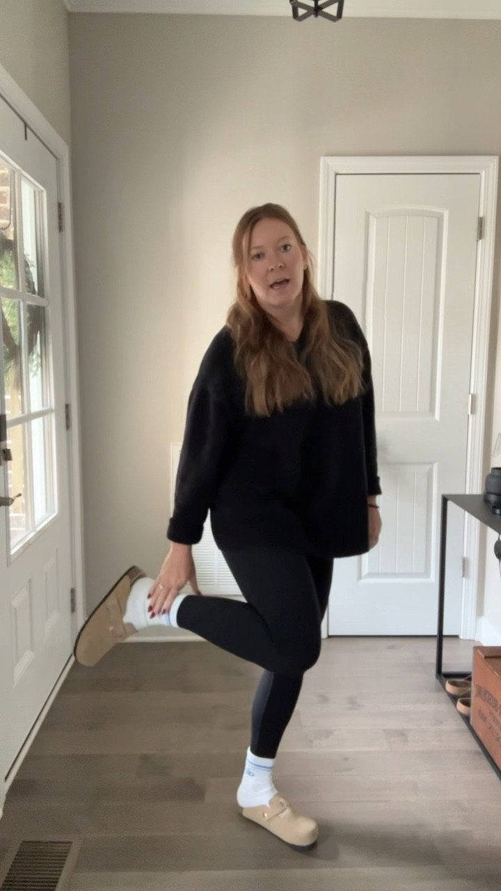 Black oversized sweater / tts wearing a medium 
Black leggings / tts wearing a medium 
Crew socks 
Suede mules 

#LTKSaleAlert #LTKShoeCrush #LTKootd