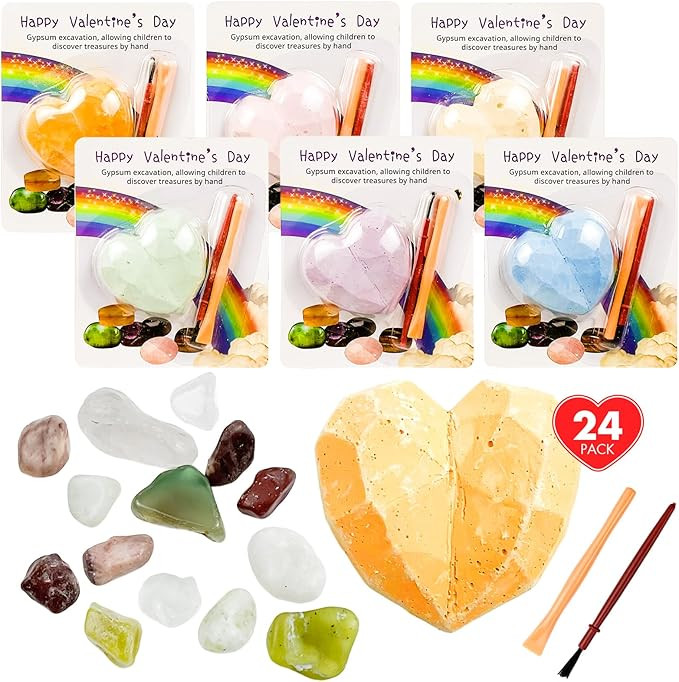 24 Pack Valentines Gemstones Dig Kit for Kids Gems Crystal Excavation with Card Party Favors for ... | Amazon (US)