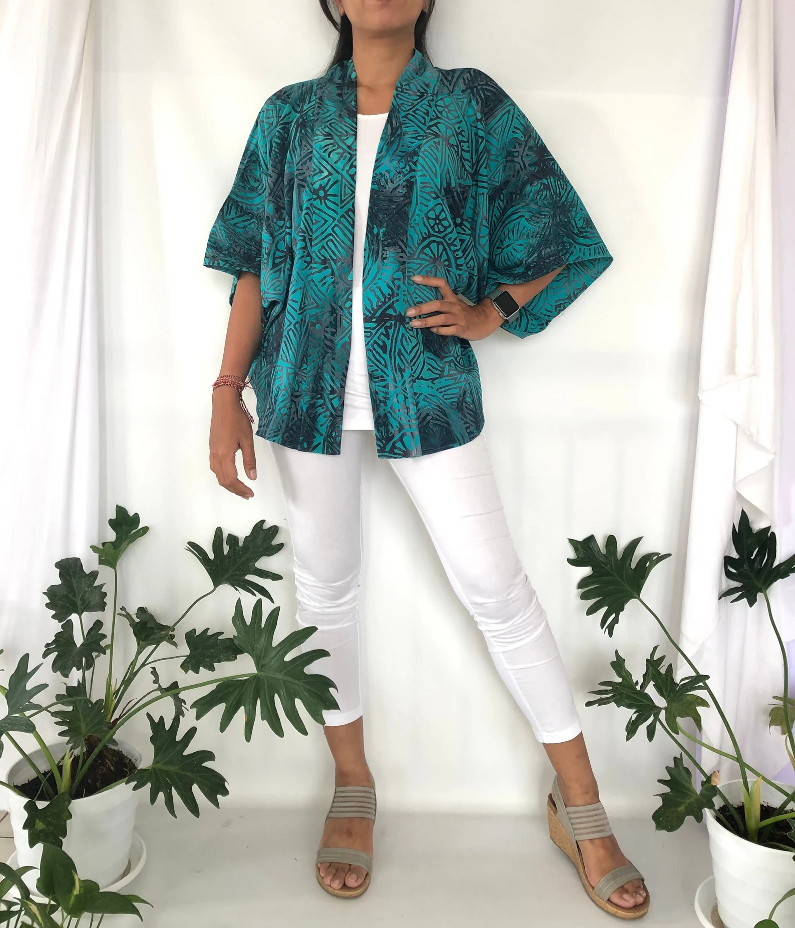 Turquoise Teal Outer Jacket Rayon Batik, Plus Size Cardigan Casual Blazer Handmade in Bali, Sprin... | Etsy (Global)