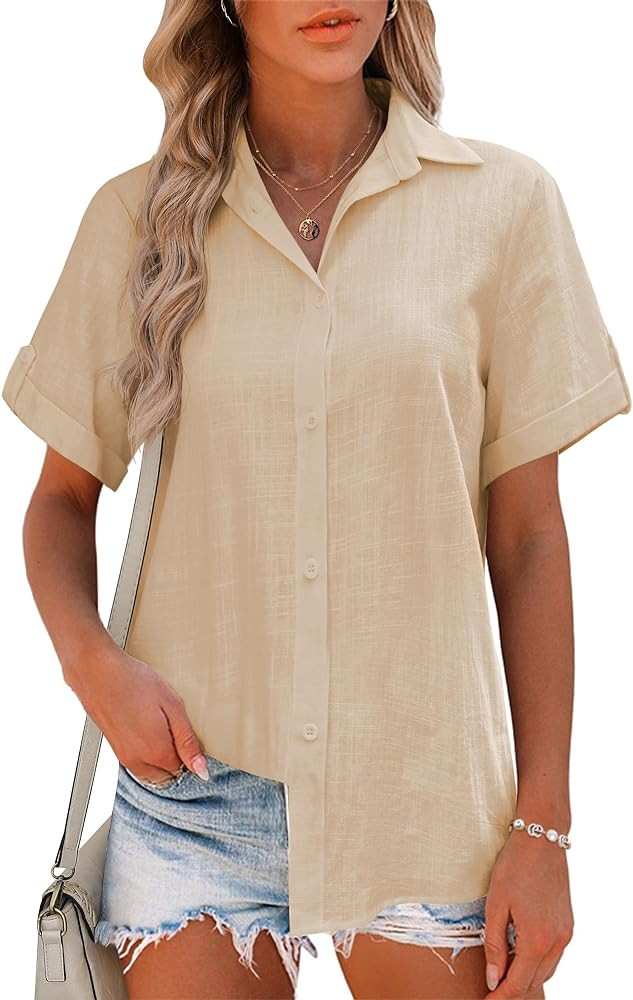 HOTOUCH Button Down Shirt Women Cotton Short Sleeve Blouses V Neck Collared Button Up Summer Beac... | Amazon (US)