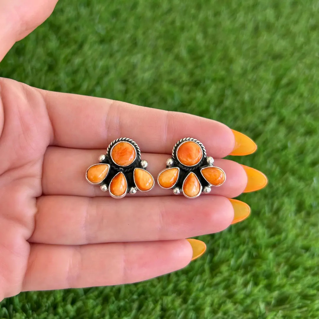 Orange Spiny Oyster Fan Cluster Stud Earrings Handmade by Navajo Abellene Bahe | Etsy (US)
