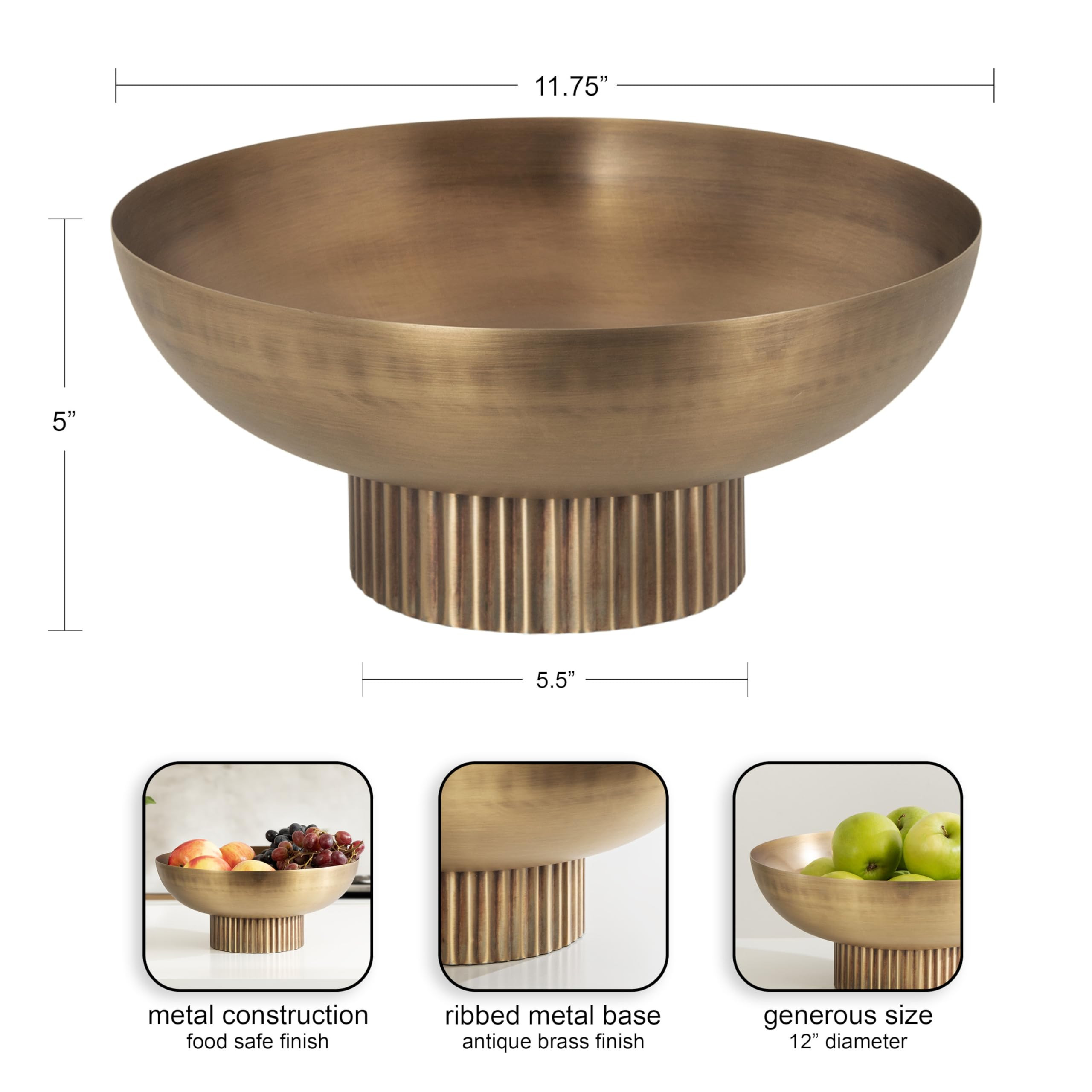 Kate and Laurel Rooks Ribbed Decorative Metal Bowl, 12 Inch Diameter, Brass, Modern Raised Fruit ... | Amazon (US)