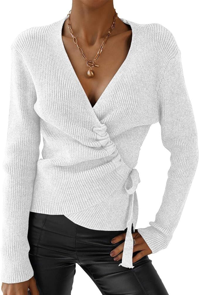 Eurivicy Women's Wrap V Neck Sweater Solid Long Sleeve Drawstring Knot Front Ribbed Knitted Jumpe... | Amazon (US)