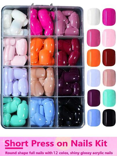 288Pcs Short Round Multi-Color False Nails, Full Cover Solid Colored Artificial Nails With Acrylic Storage Box, Ideal For Nail Salon, Easy To Use, Perfect For Women Press On Nails Nail Supplies Nails | SHEIN