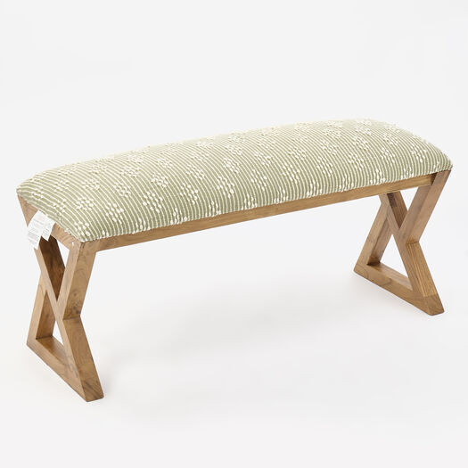 Green & White Embroidered Wooden Bench 46x99cm | TK Maxx