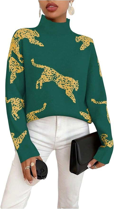 WDIRARA Women's Leopard Tiger Print Sweater High Neck Long Sleeve Fuzzy Knitted Pullover Top | Amazon (US)