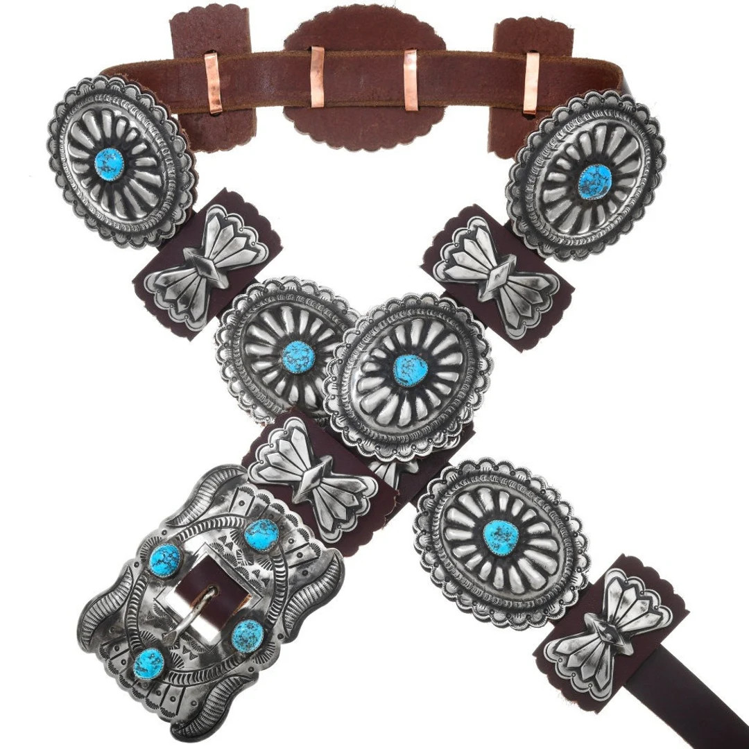 Navajo Kingman Turquoise Concho Belt Hammered Silver on Genuine Leather 2972 | Etsy (US)