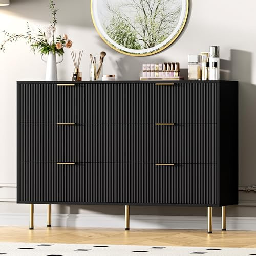 GarveeHome Fluted Wood Dresser 6 Drawers Dresser for Bedroom, Large Modern Chest of Drawers, Black Dresser with Gold Handle, Wood Drawer Organizer for Bedroom, Living Room, Hallway, Entryway | Amazon (US)