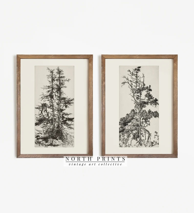 Antique Tree Sketch Print SET | Neutral Rustic Cabin Decor | Digital PRINTABLE | S2-60 | Etsy (US)