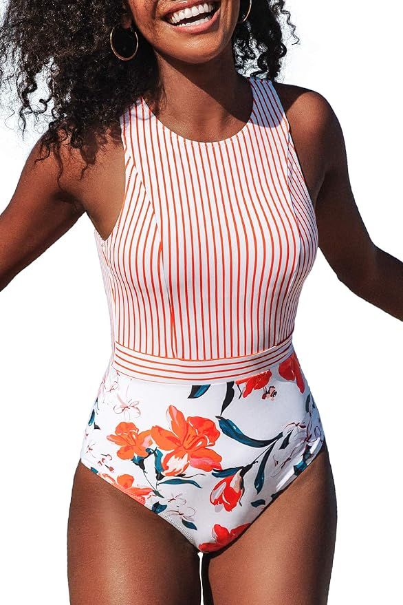 CUPSHE Women's Striped Leafy One Piece Swimsuit | Amazon (US)