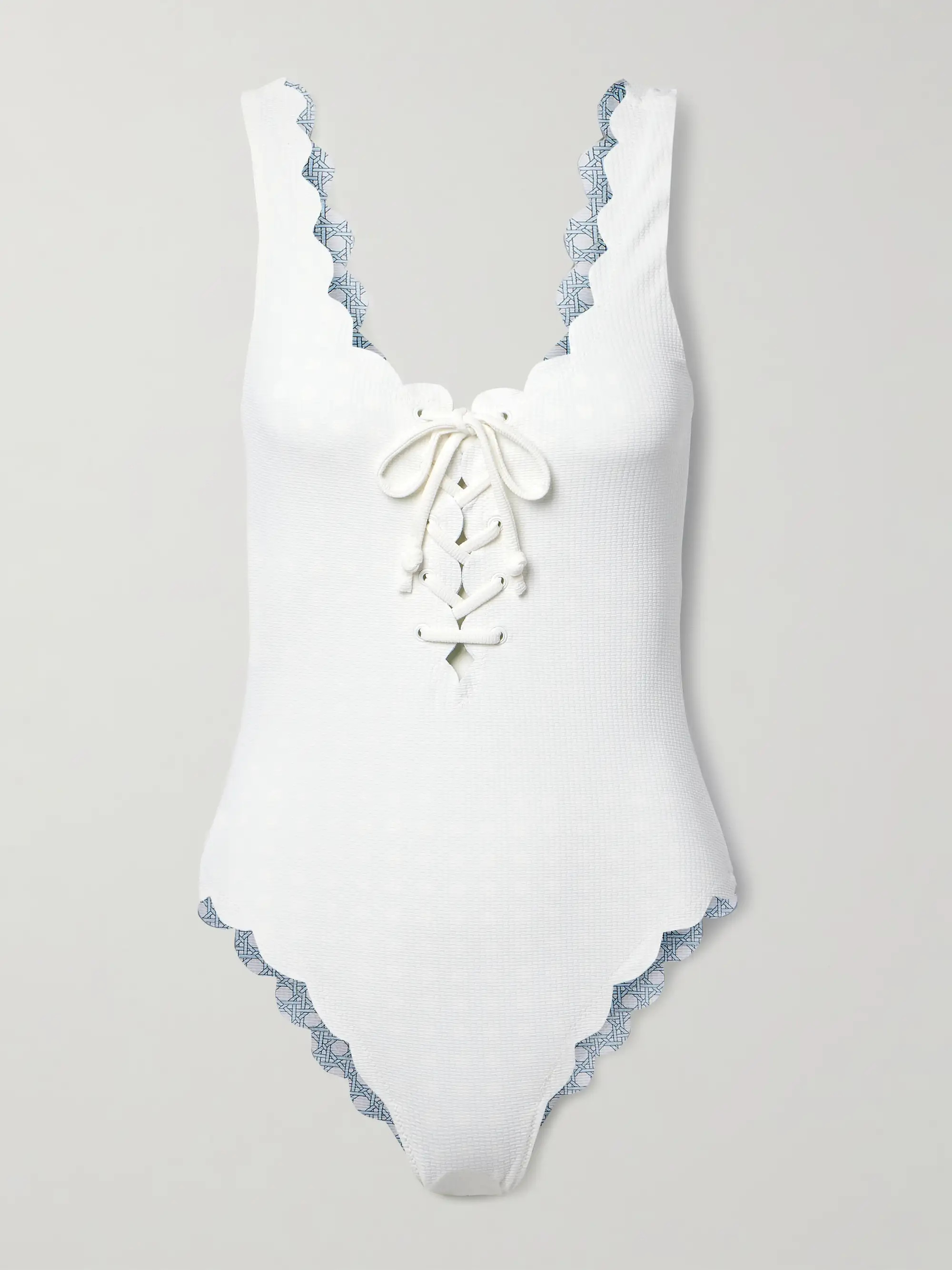 Palm Springs reversible lace-up scalloped seersucker swimsuit | NET-A-PORTER (US)
