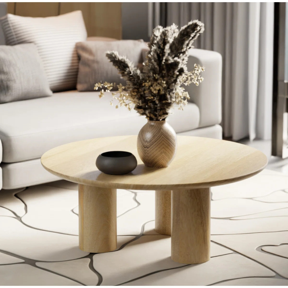 Solid Wood Round Drum Coffee Table with 3 Pedestal Legs – choose Natural or Walnut finish, Easy... | Wayfair North America