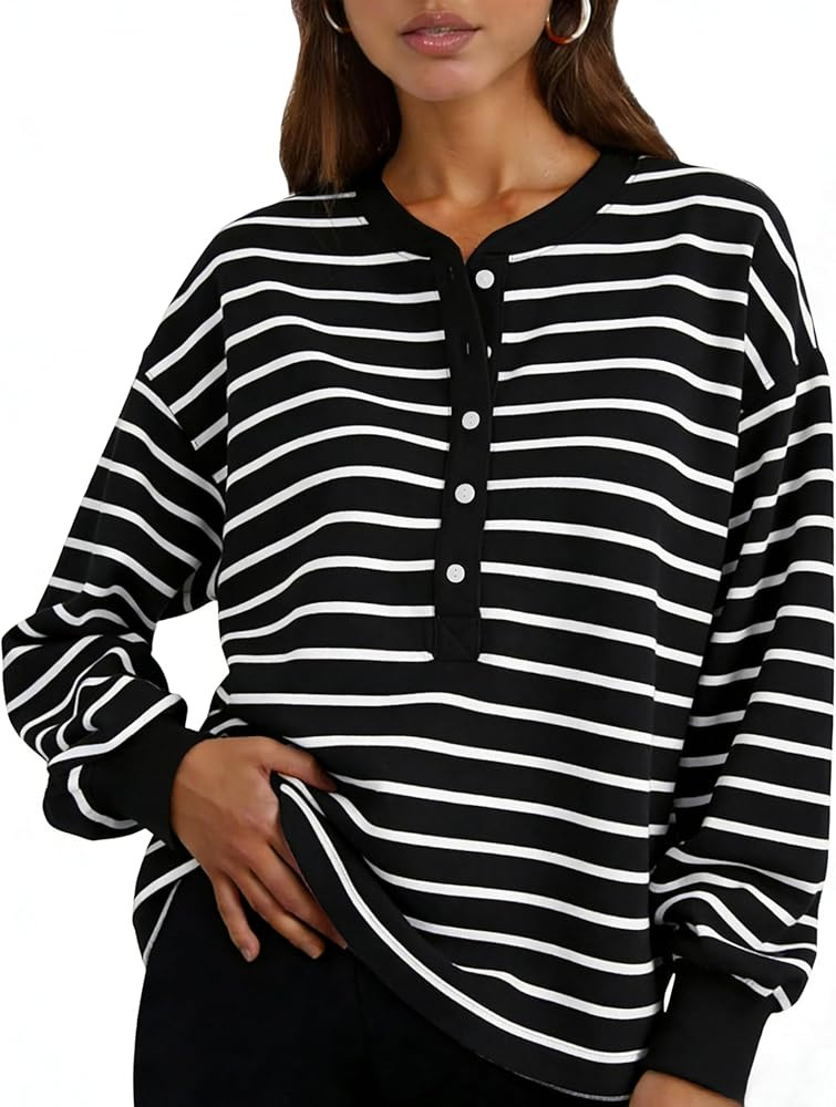 ZOCPEONY Womens Striped Sweatshirt Oversized Half Button Down Tops Crewneck Pullover Casual Long ... | Amazon (US)