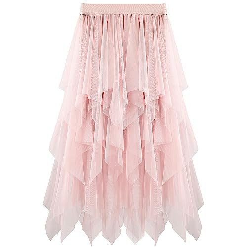Women's Tiered Tulle Skirts A-Line Asymmetrical Skirt Tea-Length Elastic High Waist Tutu Skirts for Prom Party (Pink) | Amazon (US)