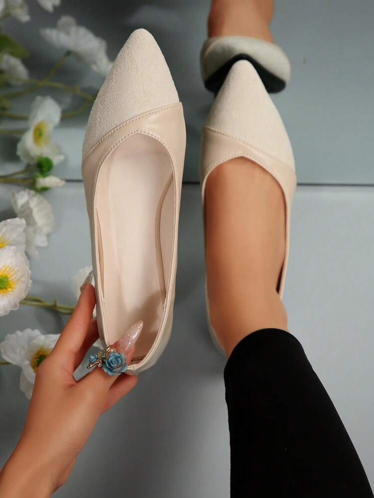 Spring & Autumn New Fashion Women's Pointed Toe PU Suede Patchwork Slip-On Flats, Comfortable Non-Slip Casual Shoes For Office, Party, Shopping, Students, Elegant & Graceful | SHEIN