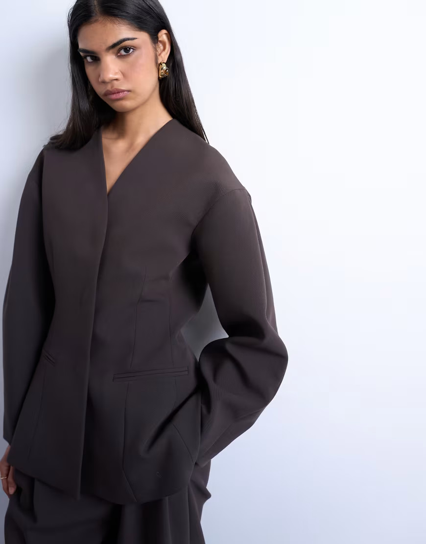 Topshop ovoid collarless suit blazer in chocolate-Brown | ASOS (Global)