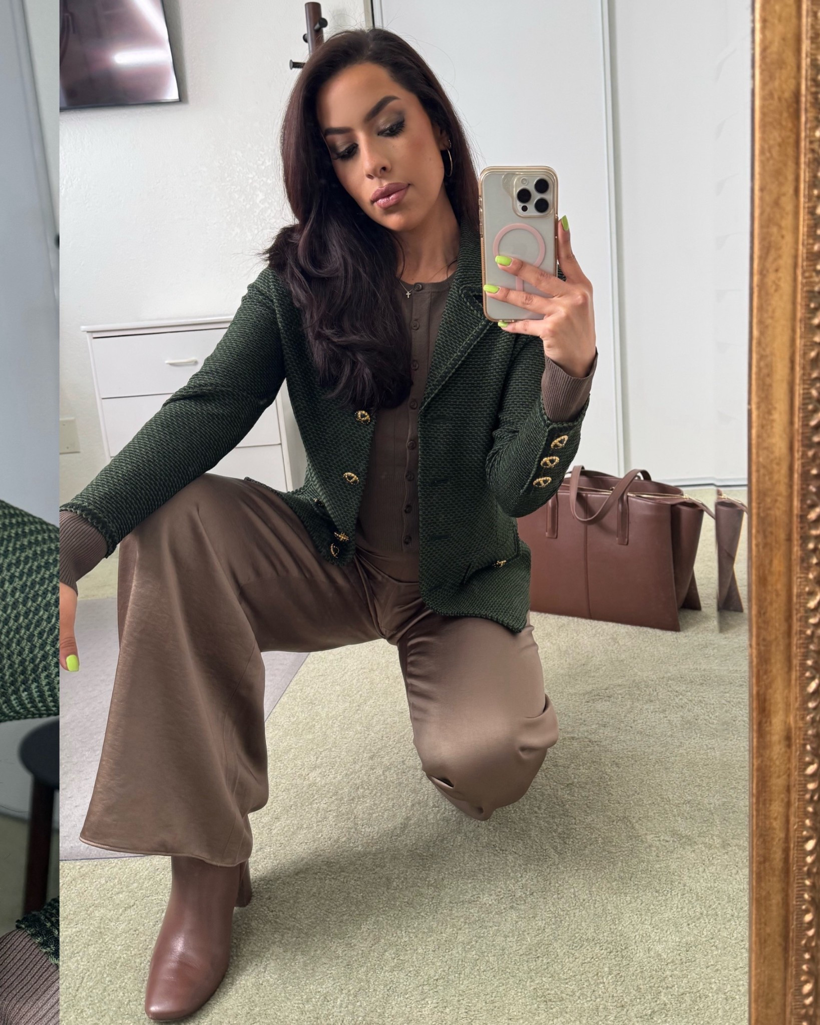 I got so many compliments on this outfit! I am obsessed with these pants and have them in all the colors they come in.💚 I would buy every shade in this purse if I could bc I love it so much! 🤎

#LTKBeauty #LTKStyleTip #LTKWorkwear