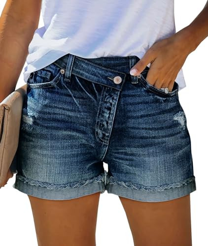 Angerella Crossover Juniors Jean Shorts Stretchy Mid Waisted Denim Shorts Casual Summer Hot Shorts Navy Blue S | Amazon (US)