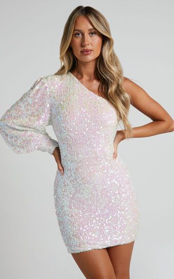 Luecia Mini Dress - Asymmetric One Shoulder Puff Sleeve Dress in White Sequin | Showpo (US, UK & Europe)