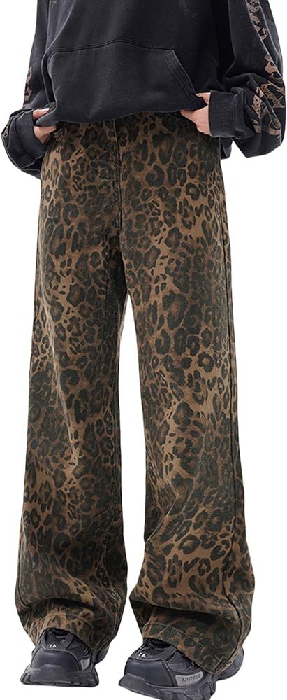 Y2k Leopard Pants Wide Leg Jeans Woman Loose Fit Jeans Hip Hop Pants Vintage Baggy Trousers | Amazon (US)