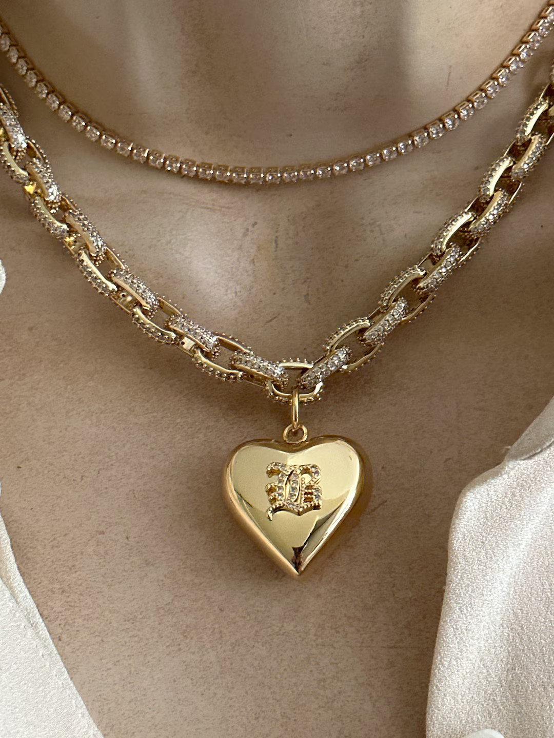 Personalized Puffy Heart Pave CZ Open Link Chain - Etsy | Etsy (US)