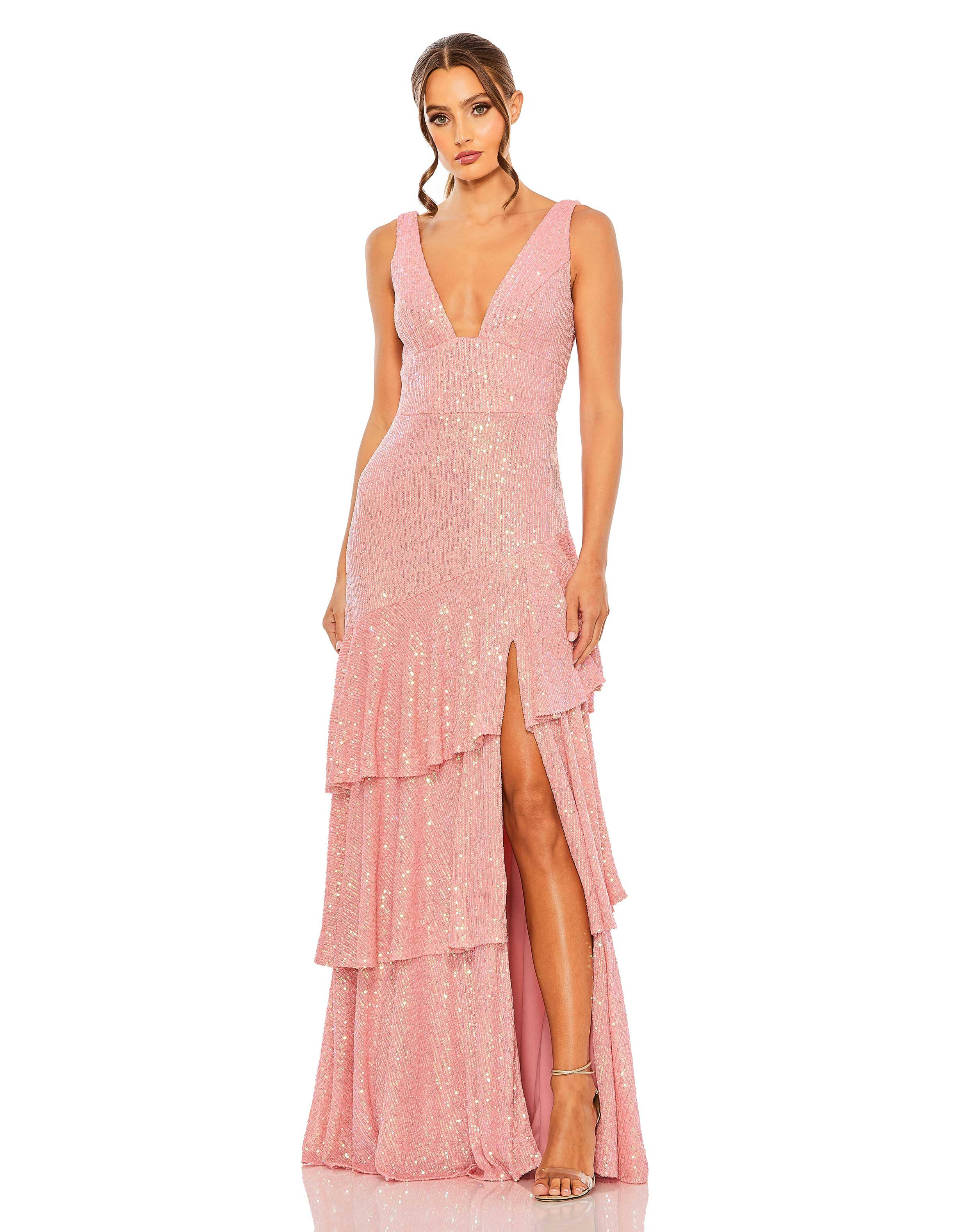 Sequin Asymmetrical Ruffle Tiered Gown | Mac Duggal