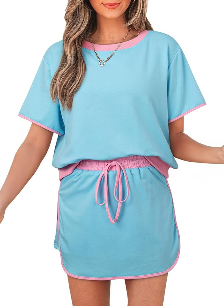 Women's 2 Piece Sets Summer Casual Short Sleeve Tops and Matching Drawstring Skort Going Out Loun... | Amazon (US)