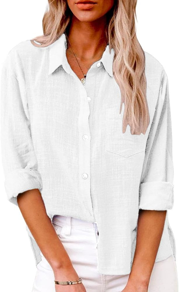Womens Summer Linen Shirts Casual Button Down 2026 Long Sleeve Cotton Top Blouse Shirt with Pocke... | Amazon (US)