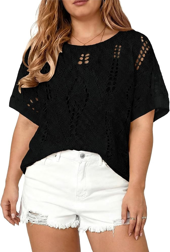 Eytino Women's Plus Size Crochet Hollow Out Half Sleeve Summer Sweater | Amazon (US)