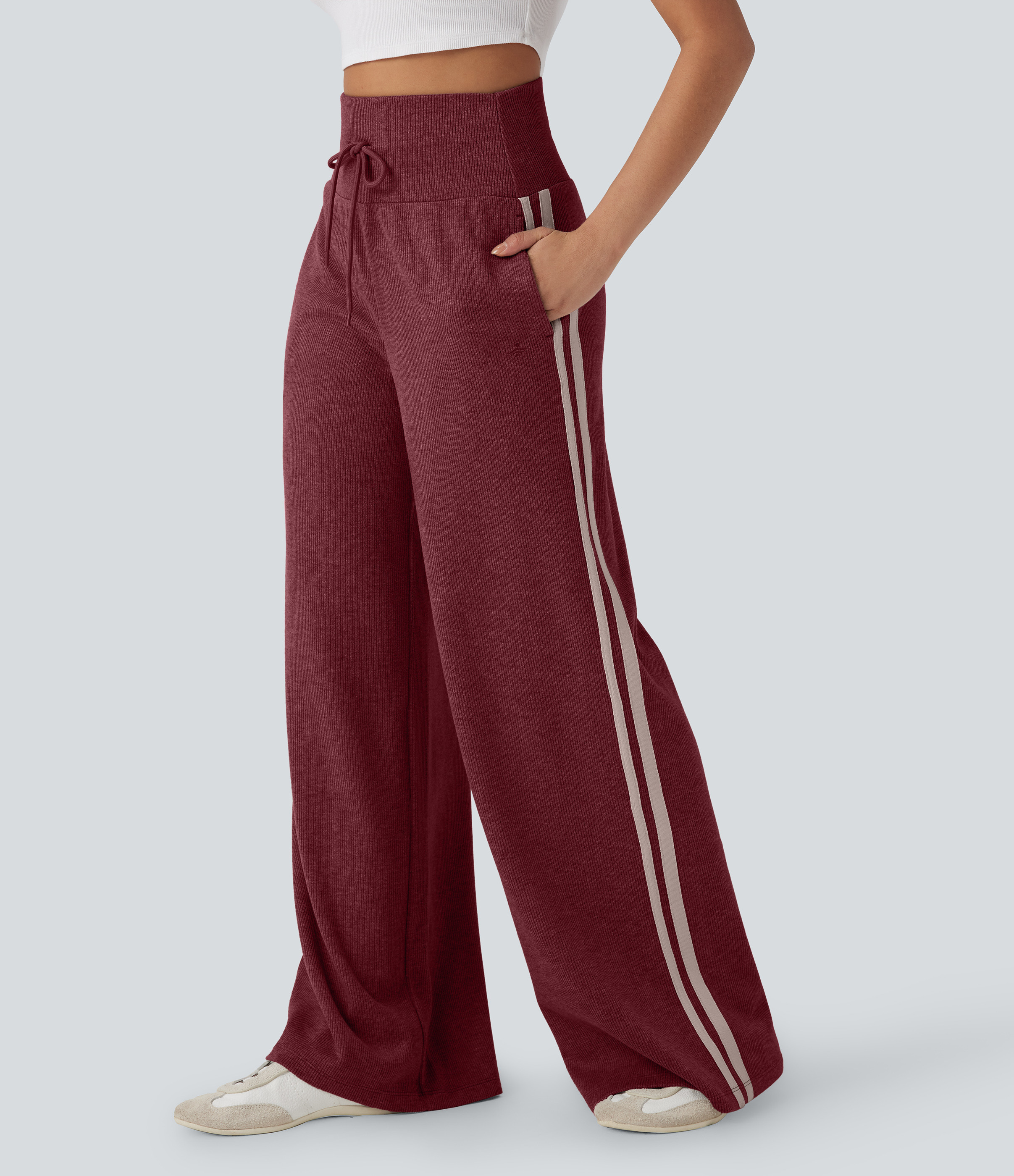 Halara Ribbed SoCinched High Waisted Tummy Control Drawstring Wide Leg Color Block Casual Pants with Pockets - Cabernet - S(petite) | HALARA