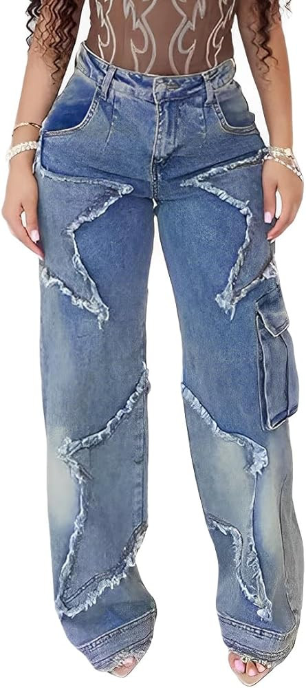 Women's Y2K Baggy Cargo Jeans High Waisted Ripped Star Tassel Fringe Denim Pants Flap Pocket Stre... | Amazon (US)