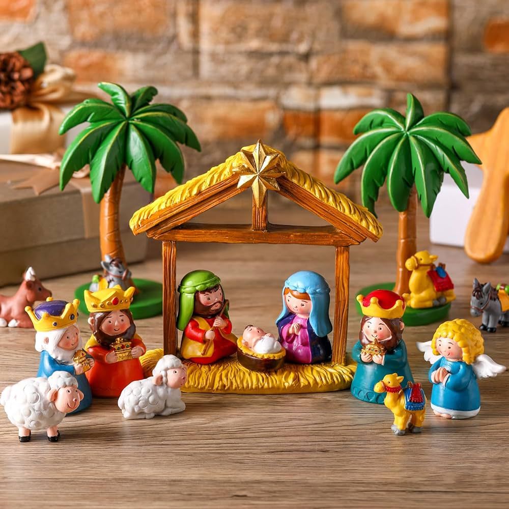 Barydat 17 Pcs Kids Mini Christmas Nativity Set Christmas Nativity Story Scene Resin Decor for Ch... | Amazon (US)