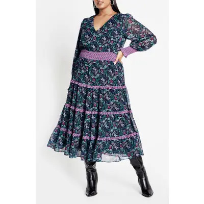 City Chic Ailani Floral Tiered Midi Dress in Purple Floral at Nordstrom, Size Xl | Nordstrom