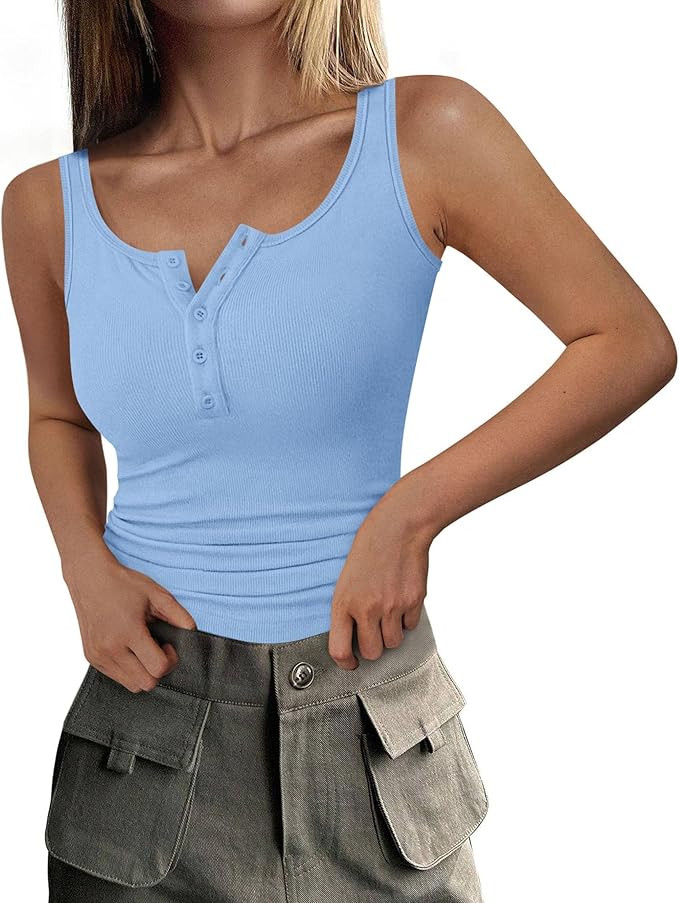 PRETTYGARDEN Womens 2026 Summer Tank Tops Ribbed Knit Slim Fit Sleeveless Henley Shirts Casual Ba... | Amazon (US)