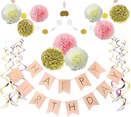Litaus Birthday Decorations, Pink and Gold Happy Birthday Decorations for Women, Happy Birthday B... | Amazon (US)
