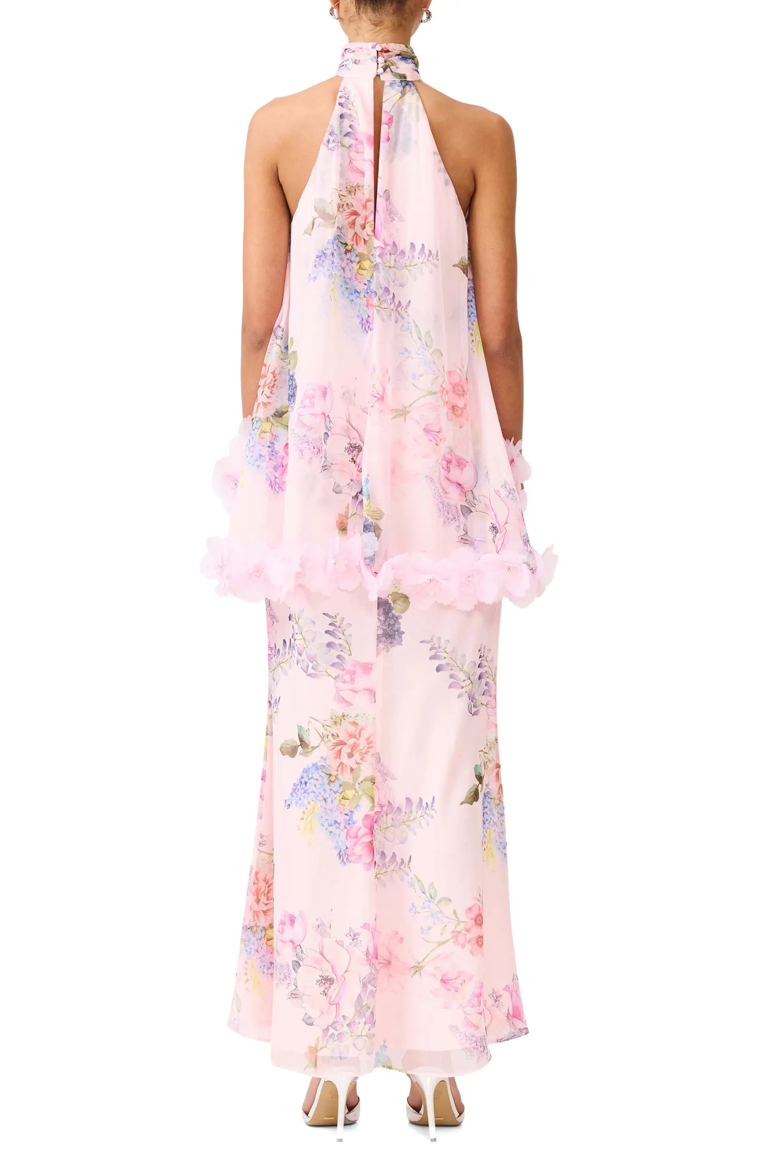 Millie Floral Appliqué Tiered Halter Neck Gown | Nordstrom
