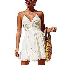ForeMode Summer Deep V Neck Bohemian Women Mini Short Dress Backless Beach Boho Dress | Amazon (US)