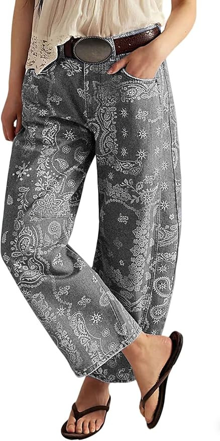 loveimgs Women Boyfriend Baggy Barrel Jeans Floral Print Denim Ankle Pants Wide Leg Mid Rise Jean... | Amazon (US)