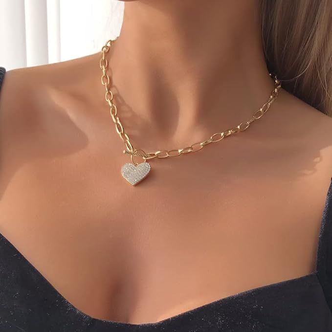 Rhinestone Necklace Punk Choker Chain Necklace Heart Pendant Necklace for Women Girls (Gold) | Amazon (US)
