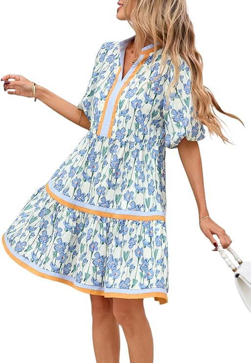 Women Floral Babydoll Mini Dress V Neck Puff Sleeve Striped Color Block Sundress | Amazon (US)