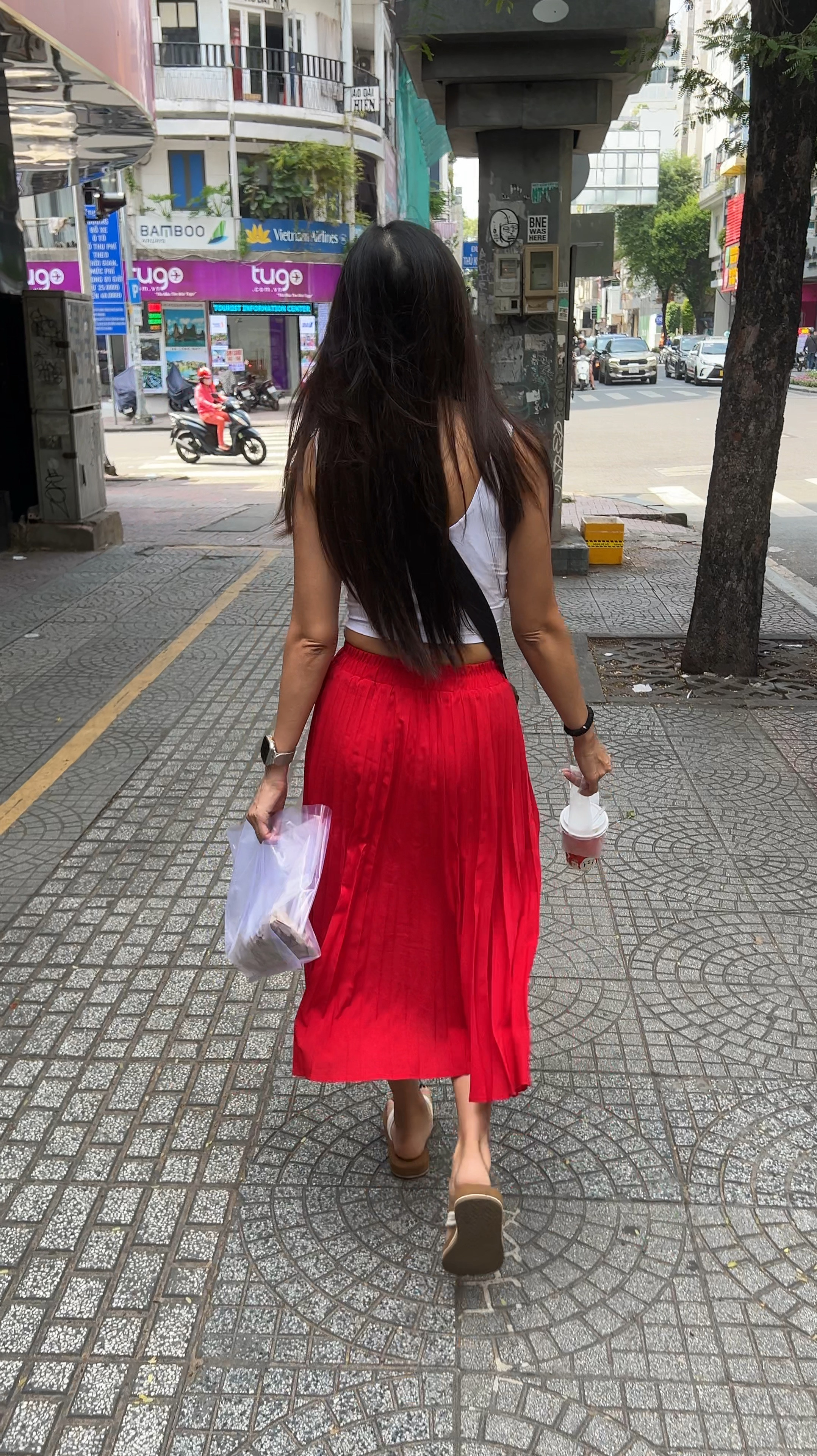 red maxi skirt (xs), white tank top (small)