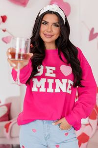 Be Mine Chenille Patch Hot Pink Oversized Graphic Sweatshirt | Pink Lily