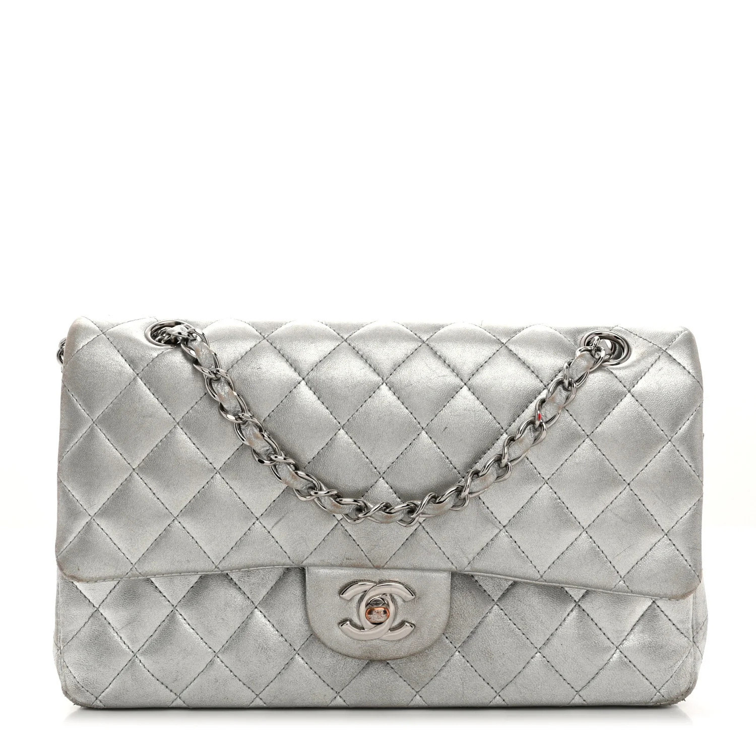 Metallic Lambskin Quilted Medium Double Flap Silver | FASHIONPHILE (US)