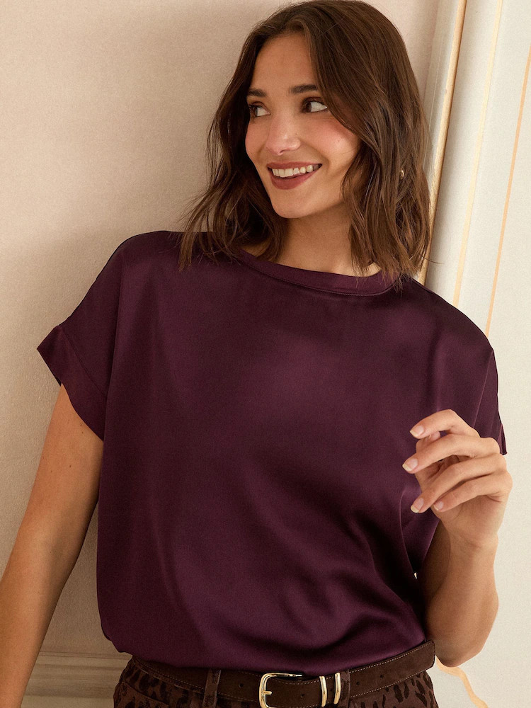Buy Love & Roses Burgundy Red Satin Front Jersey Short Sleeve Top from Next USA | Next US