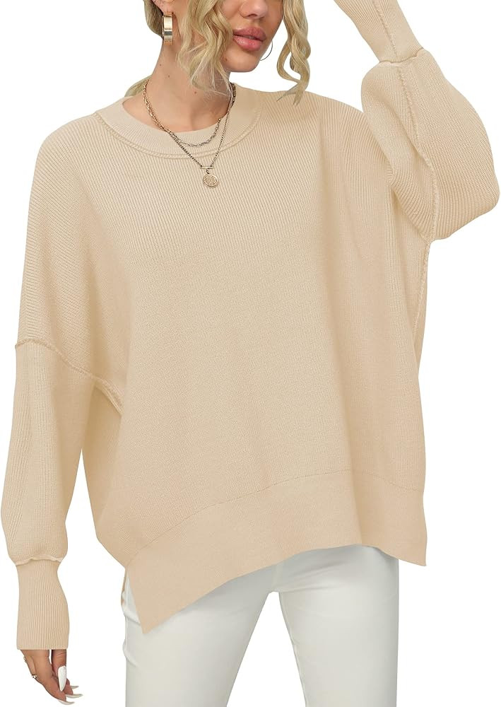 ANRABESS Women Crewneck Batwing Sleeve Oversized Side Slit Ribbed Knit Pullover Sweater Top | Amazon (US)