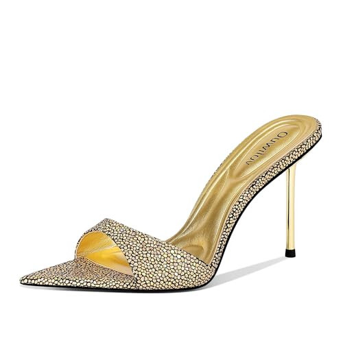 Ouwilov Champagne Gold Mule Heels for Women Slip On Pointed Toe 9.5cm Silver Metal Stiletto Iridescent Croc Texture Dress Shoes for Wedding Party Holiday Fashion Events Stylish Comfortable Footwear | Amazon (US)