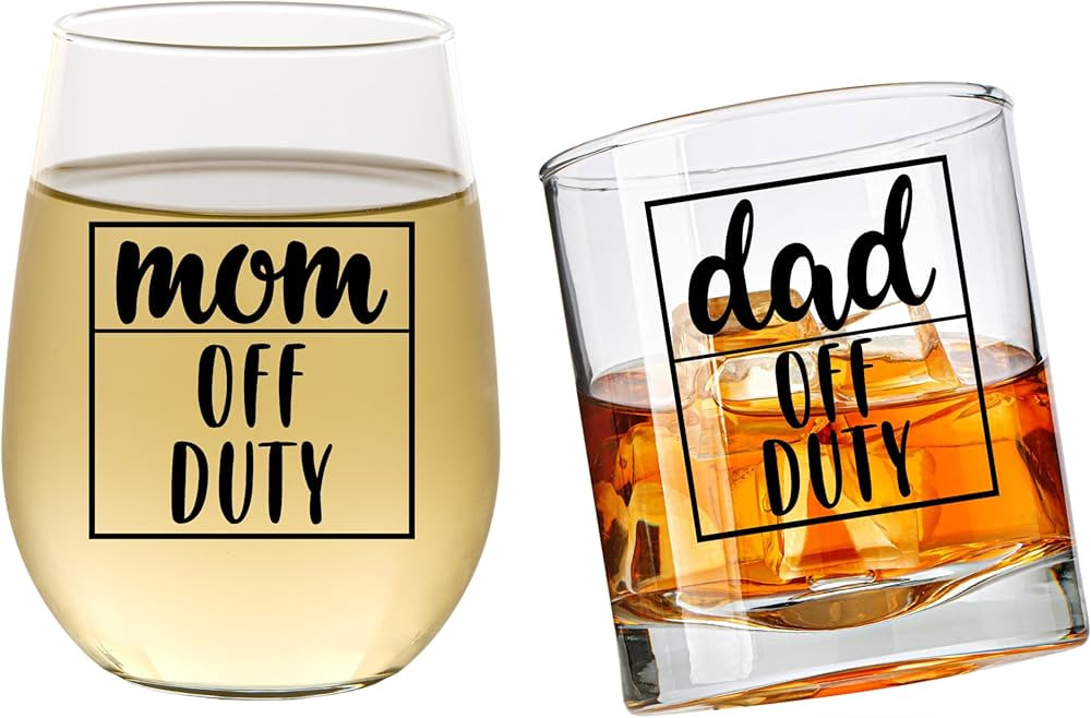 Mom Off Duty Dad Off Duty Wine and Whiskey Glass Set - First Time Parents Gifts - New Parents Gif... | Amazon (US)