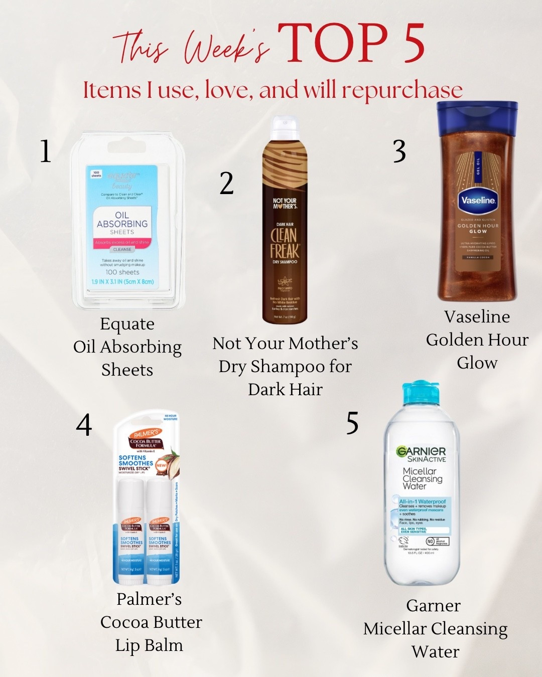 My Top 5 beauty picks this week...all Walmart finds under $10.
Little prices, big glow. ✨

#LTKBeauty #LTKselfcare #LTKmomlife