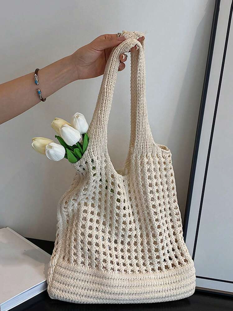 Yogodlns Women Girls Knitted Shoulder Bags Retro Hollow Woven Large Capacity Floral Decor Shopper... | SHEIN